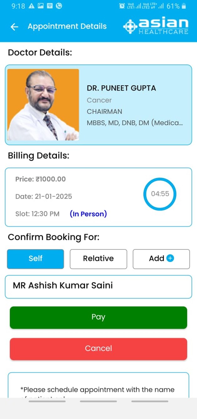 Asian Hospital app: Confirm and pay