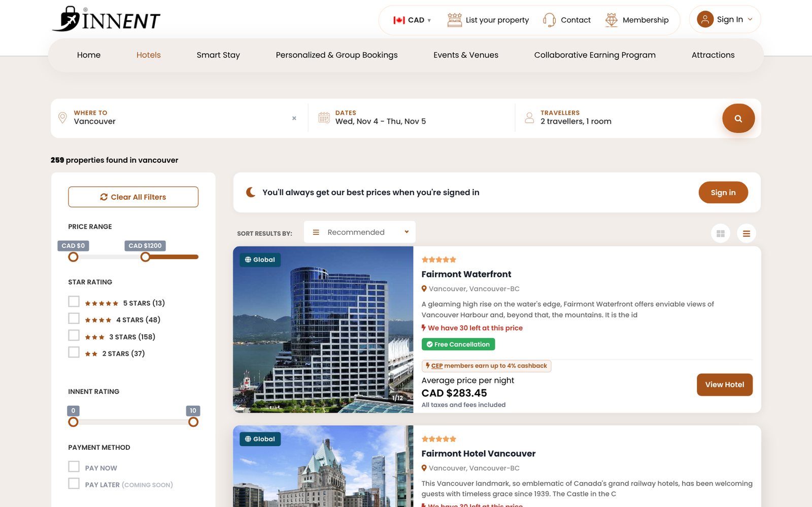 Innent: Search results and filters