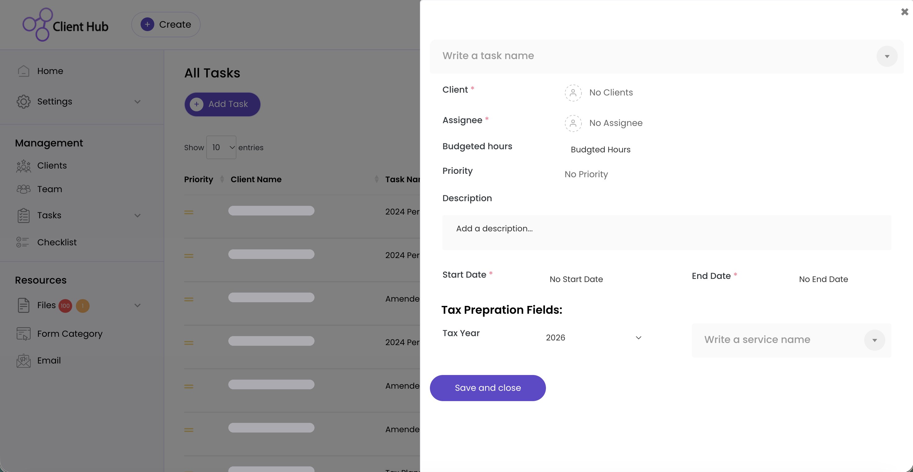 Tax Client Hub: Add a tax task